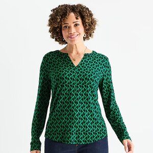NWT Liz Claiborne Women's Split Crew Neck Long Sleeve Blouse, Green Print